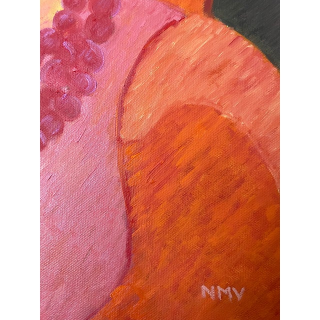 Contemporary abstract portrait in pinks, reds, oranges, with a dark brown background by Nancy Vignola. Nancy’s Bio: Nancy...