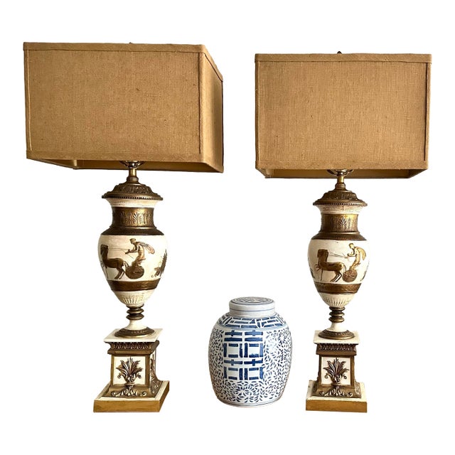 Vintage Ceramic Greek Inspired Lamp Pair With Shades - a Pair For Sale