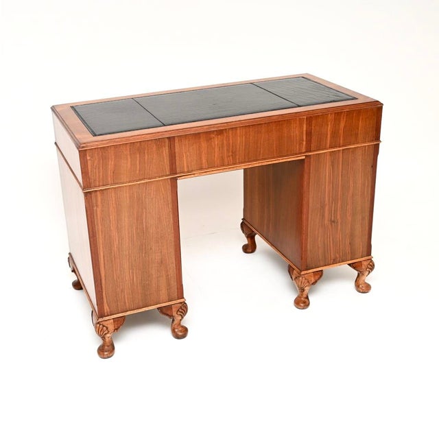 Antique Burr Walnut Pedestal Desk with Leather Top, 1930 For Sale - Image 6 of 13