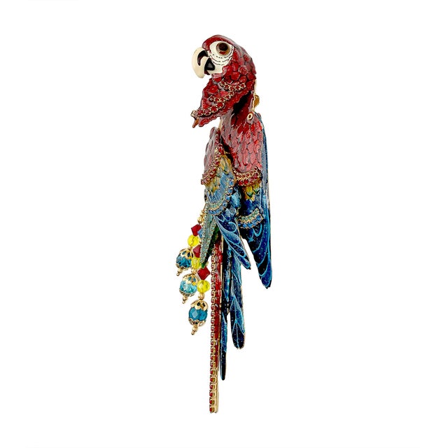 Vintage Lunch at the Ritz Macaw Parrot Brooch Moveable Enamel Statement Pin For Sale - Image 10 of 13