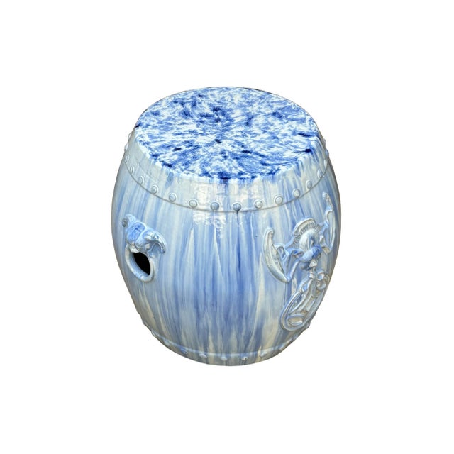 Chinese Chinese White Blue Glaze Bat Fortune Coin Pattern Round Ceramic Garden Stool For Sale - Image 3 of 7