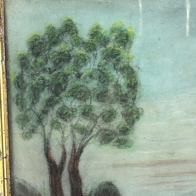 Rare to Market 19th C. Primitive Folk Art Colored Sandpaper Painting of River Scene & Boaters For Sale - Image 4 of 13