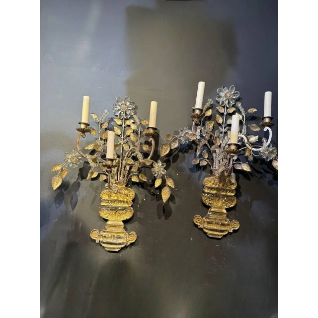 1920’s French Silver Leaf Large Sconces With Three Lights - a Pair For Sale - Image 4 of 6