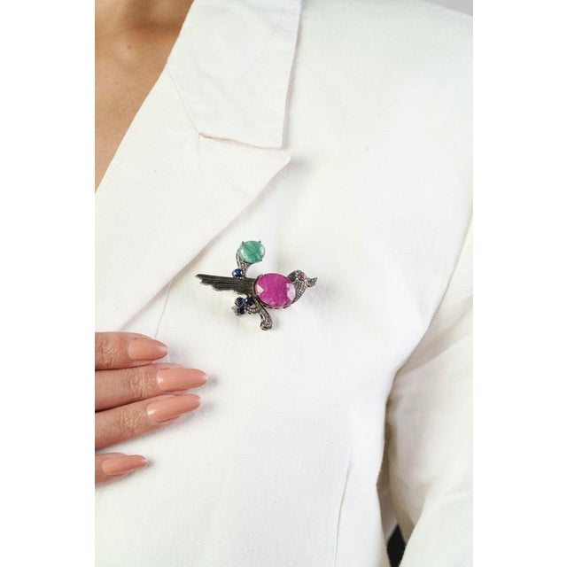 Luxury Ruby Emerald Sapphire Diamond Parrot Motif Silver Brooch Pendant For Sale - Image 9 of 14