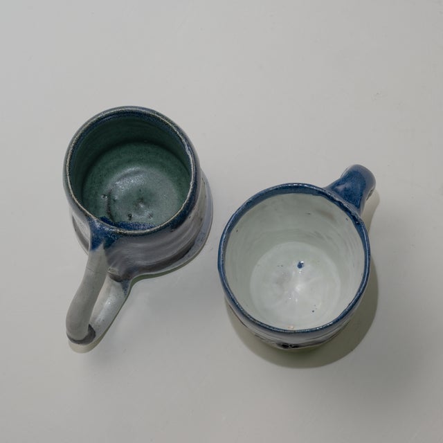 Whimsical Pair of Rustic Studio Pottery Coffee Mugs, by Artist d.o.n. For Sale - Image 9 of 11