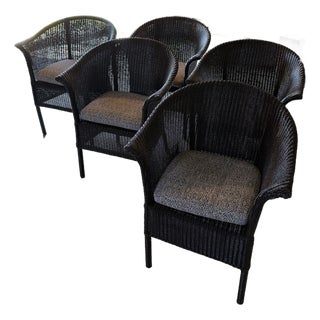 Set of 5 Lamberts Black Wicker Arm Chairs With Custom Perennials Seat Cushions For Sale