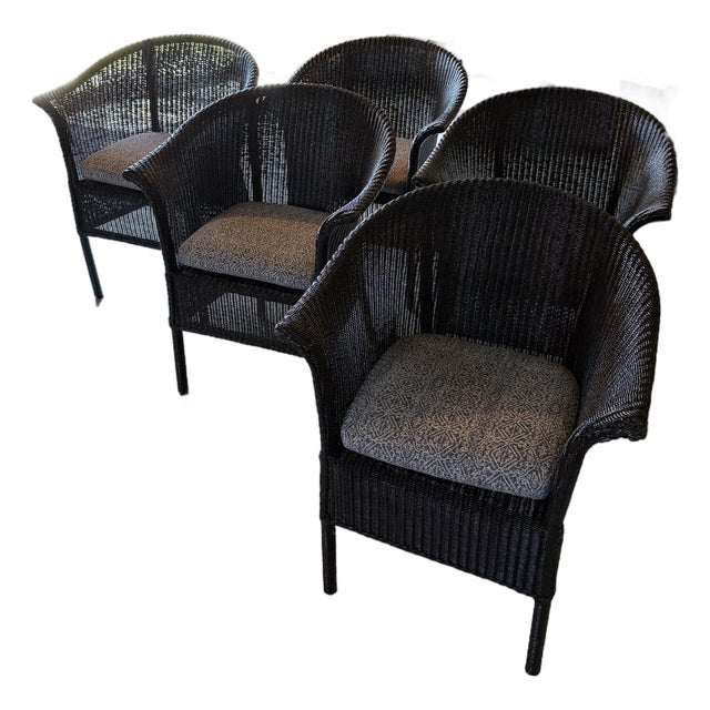 Set of 5 Lamberts Black Wicker Arm Chairs With Custom Perennials Seat Cushions For Sale