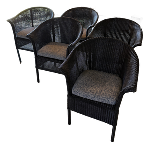 Set of 5 Lamberts Black Wicker Arm Chairs With Custom Perennials Seat Cushions