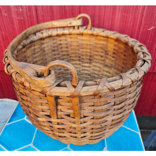 Folk Art Antique Hand-Woven Wood Splint Swing-Handle Basket For Sale - Image 3 of 6