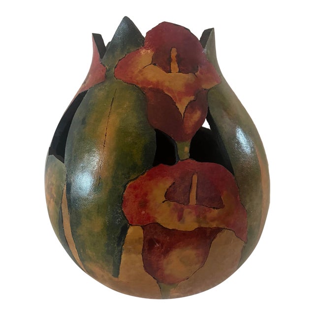 2010s “Gorgeous “ Artist-Made Hand-Carved & Hand-Painted Calla Lilies Gourd Vessel For Sale