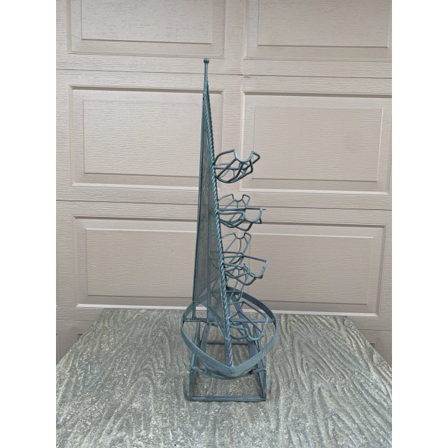 Metal Vintage Nautical Wrought Iron Green Sail Boat Wine Rack For Sale - Image 7 of 10