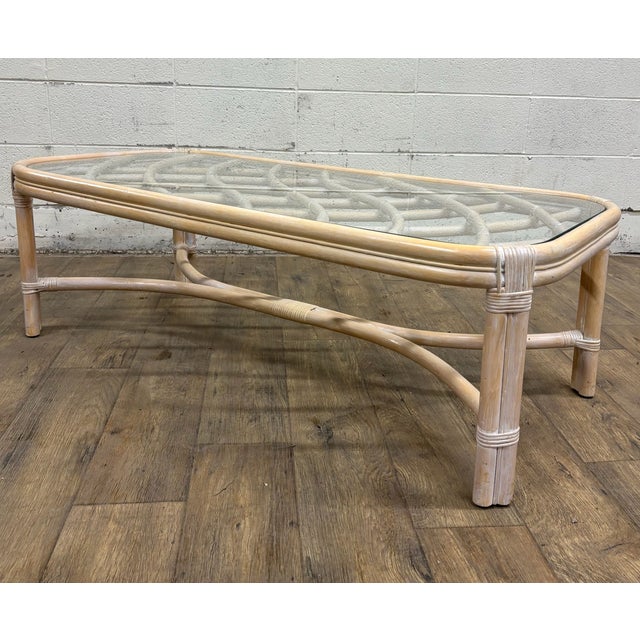 Beige Vintage MCM Style Organic Coastal Rattan Bamboo Glass Coffee or Cocktail Table For Sale - Image 8 of 11