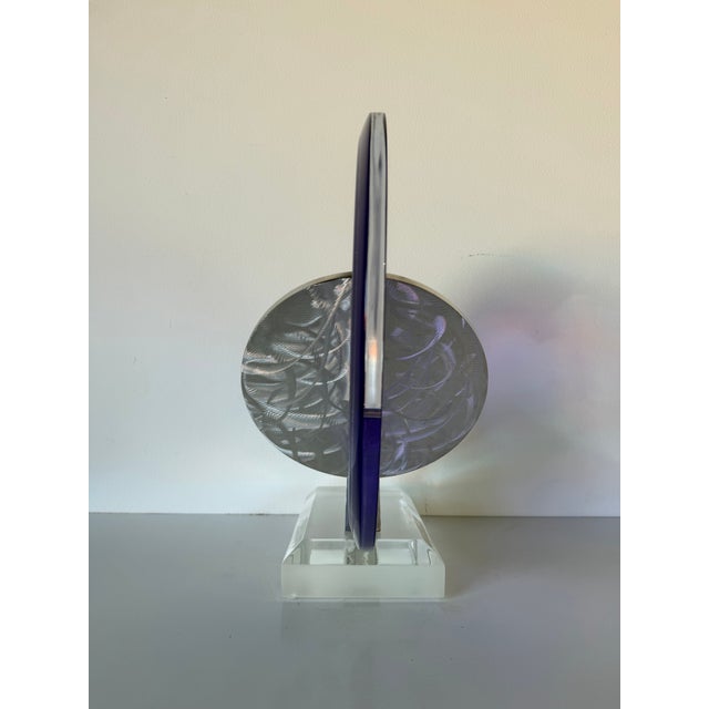 Purple 1990's Vintage Postmodern Geometric Abstract Lucite & Stainless Steel Table Sculpture, Signed For Sale - Image 8 of 12