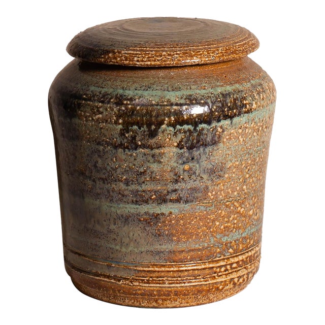Late 20th Century Vintage Handmade Studio Pottery Textured Lidded Stoneware Jar With Mixed Glaze For Sale