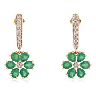 3.02Ct Floral Emerald & Diamond Dangle Earrings in 18k Gold Gift for Her- A Pair For Sale