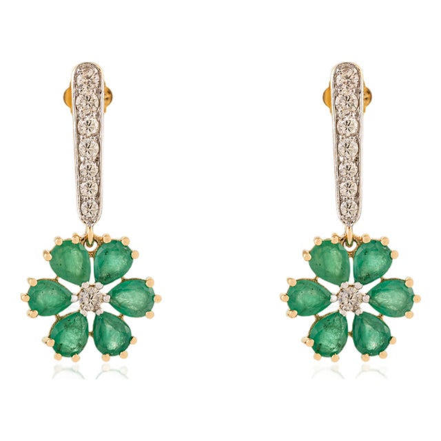 3.02Ct Floral Emerald & Diamond Dangle Earrings in 18k Gold Gift for Her- A Pair For Sale