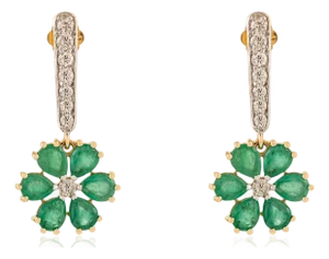 3.02Ct Floral Emerald & Diamond Dangle Earrings in 18k Gold Gift for Her- A Pair