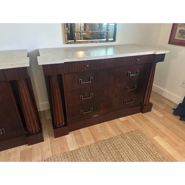 Pair of Baker Furniture Neoclassical Mahogany Chests With Original Stone Tops & Brass-Tone Hardware For Sale In Phoenix - Image 6 of 14