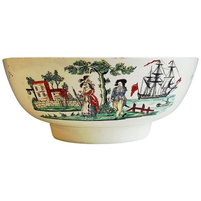 English Creamware Pottery Large Sailor's Farewell Bowl With a Chinoiserie Scene on the Reverse For Sale - Image 4 of 11