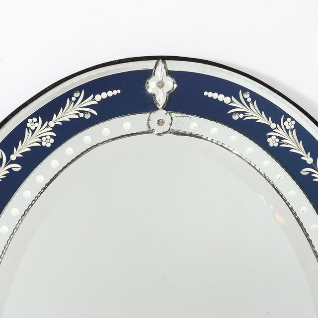 Glass Mid-Century Venetian Glass Reverse-Etched Oval Mirror W/ Sapphire Blue Border For Sale - Image 7 of 16