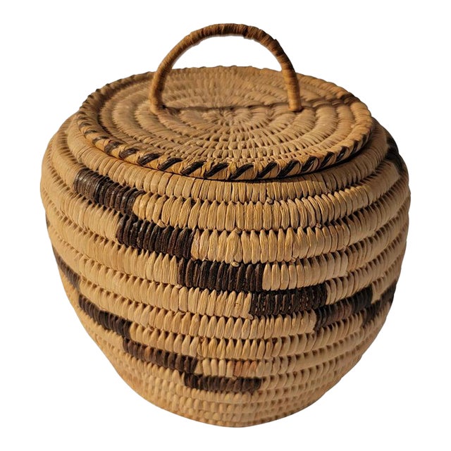 20th C Small Hand Made Lidded Basket With Handle For Sale