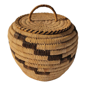 20th C Small Hand Made Lidded Basket With Handle