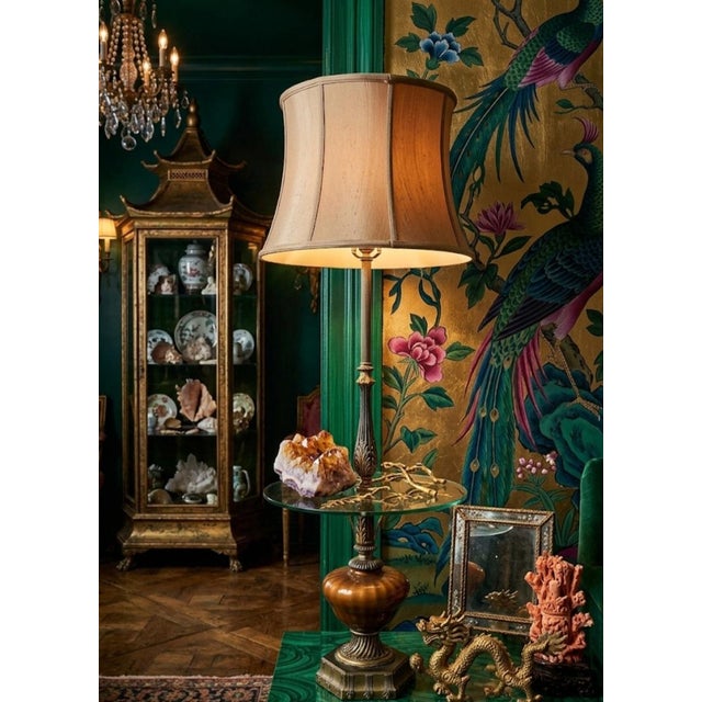 Amber Vintage Hollywood Regency Tall Glass Top Amber Brass Palm Leaf Black Side Table Floor Lamp For Sale - Image 8 of 8