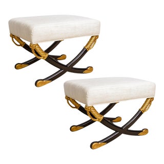 Hollywood Regency Black Lacquer & Gilt Sabers/Swords Ottomans, A-Pair For Sale