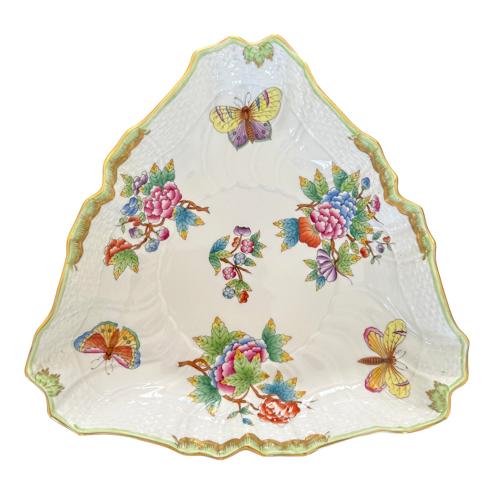 Herend Queen Victoria Green Border Triangular Bowl | Chairish
