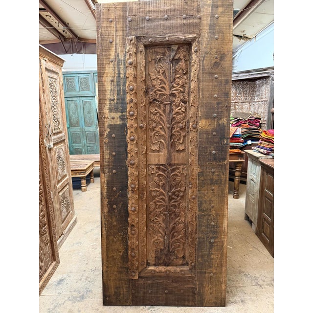 Wood Antique Indian Teak Wood Door Panel With Hand-Carved Tree of Life For Sale - Image 7 of 9
