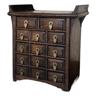Antique Wooden Apothecary Tabletop Chest - 14-Drawer Desktop Cabinet For Sale