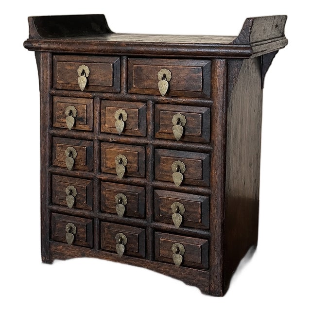 Antique Wooden Apothecary Tabletop Chest - 14-Drawer Desktop Cabinet For Sale