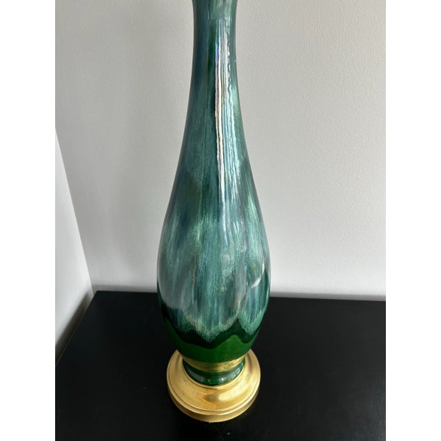 Mid-Century Modern 1960s Large Mid-Century Modern Drip Glaze Ceramic Table Lamp Green & Blue, Brass Base For Sale - Image 3 of 11
