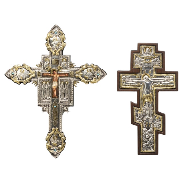 Vintage Orthodox Icons with Silver Plates, 1900s, Set of 2 For Sale - Image 6 of 6