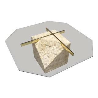 Postmodern Maitland-Smith Style Brass & Glass Coffee Table in Tessellated Stone For Sale