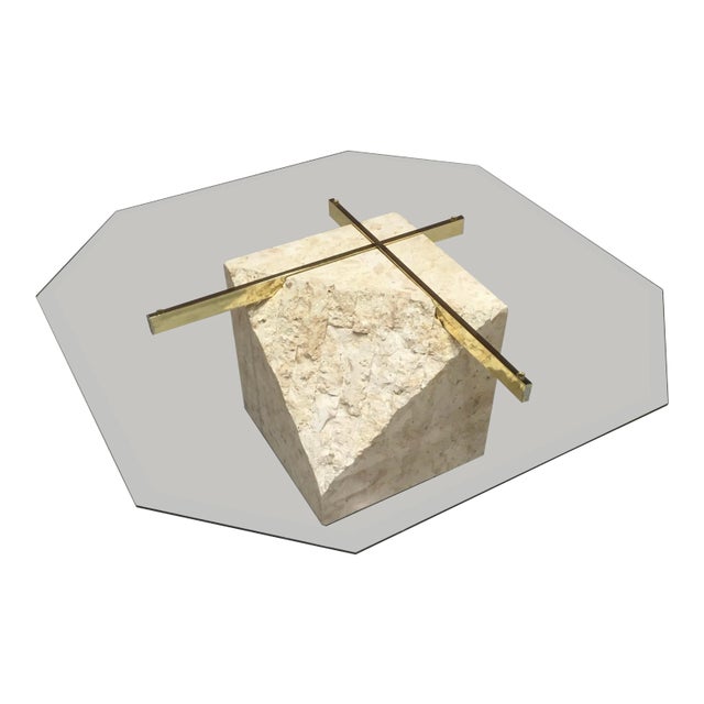 Postmodern Maitland-Smith Style Brass & Glass Coffee Table in Tessellated Stone For Sale