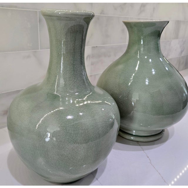 Contemporary Vintage Thai Celadon Green Crackle Glaze Ceramic Vases — A Pair For Sale - Image 3 of 17