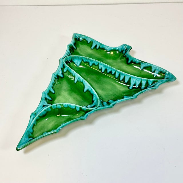 Ceramic 1970s Vintage Folk Art Americana Divided Turquoise Drip Christmas Tree Serving Dish For Sale - Image 7 of 12