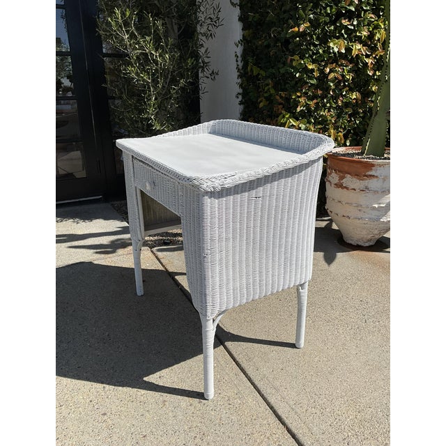 Vintage White Wicker Writing Desk / Vanity Table With Drawer For Sale - Image 12 of 15
