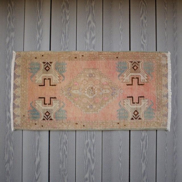 Turkish Distressed Low Pile Turkish Yastik Petite Rug Faded Mat - 18'' X 37'' For Sale - Image 3 of 13