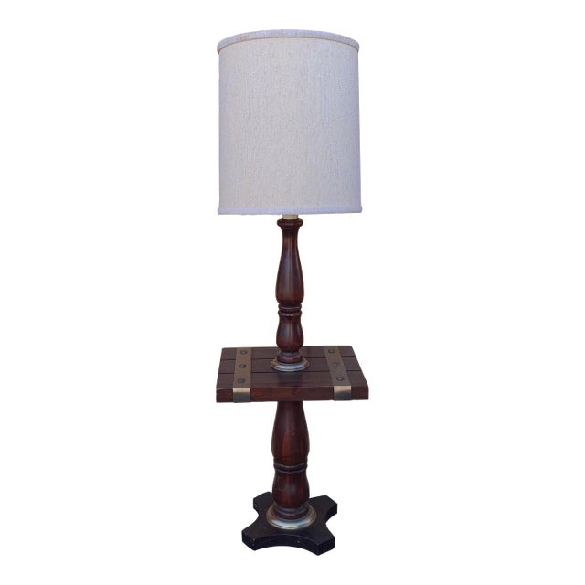 Mid Century Antiqued Pine Floor Lamp With Brass Accents For Sale