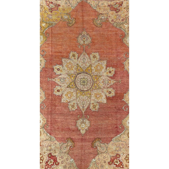 Turkish Antique Oushak Medallion Rug in Rose, Pale Green, Light Blue, Gold and Brown For Sale - Image 3 of 8