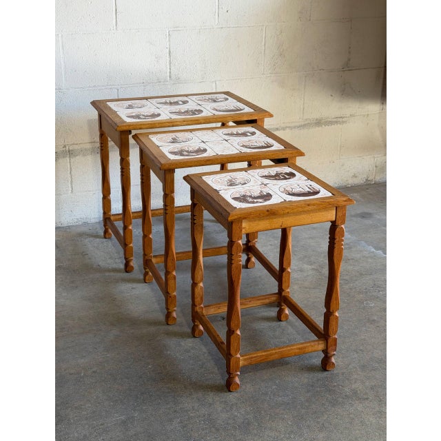 Mid-Century Modern Oak Nesting Tables Set of 3 Ceramic Tile Top Accent End Side Tables Vintage 1970s For Sale - Image 3 of 9