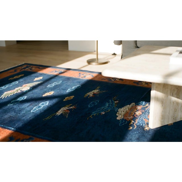 Textile 1920s Blue Navy Animal Antique Chinese Peking Rug 3'2" X 11'8" Hand Knotted Wool Carpet For Sale - Image 7 of 8