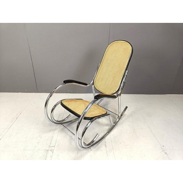 Bauhaus Vintage Chrome and Rattan Rocking Chair, 1960s For Sale - Image 3 of 11