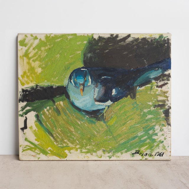 Green Mid Century Pigeon Portrait, Original Vintage Oil Painting, 1960s For Sale - Image 8 of 8