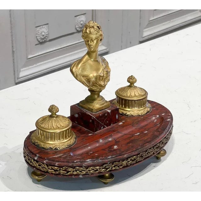 Antique French Gilt Bronze Inkwell on Rouge Marble Stand For Sale - Image 4 of 7