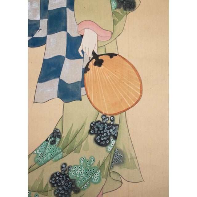 "Beauty Walking Under the Moon", Early Showa Era Japanese Silk Scroll Painting For Sale - Image 10 of 18