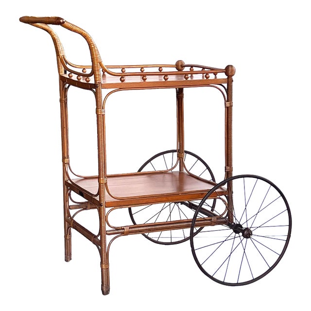 An Early Heywood Wakefield Wicker and Wood Drinks/Bar Cart, Circa 1910 For Sale