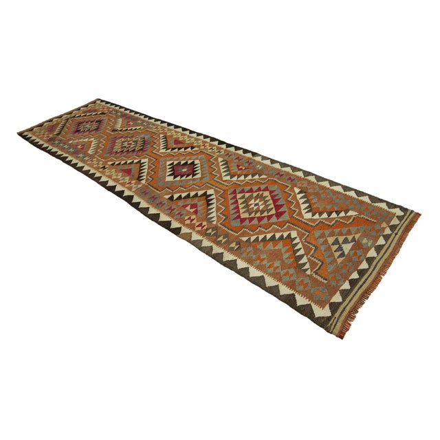 Mid-Century Modern Orange & Brown Vintage Kilim Runner For Sale - Image 3 of 7